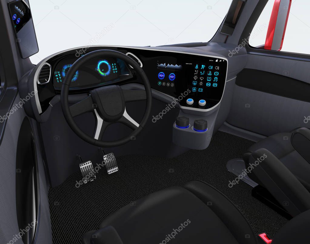 Autonomous truck interior with black seats and touch screen instrument panel. 3D rendering image.