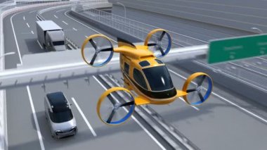Sarı Self-driving yolcu uçağı taksi karayolu uçan. Otoyolda sürüş kamyon birlikte uçan teslimat uçağı filosu. 3D render animasyon.