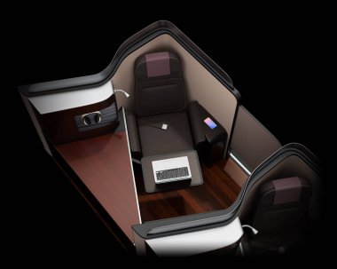 Lüks iş sınıf oda iç siyah arka plan üzerine. Dizüstü bilgisayar tepsisi masada. 3D render resim.