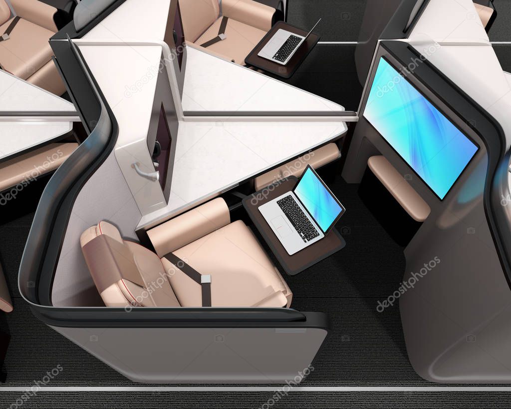 Side view of luxury business class suite. Laptop on the table connected to the monitor on partition by Wi-Fi. 3D rendering image.