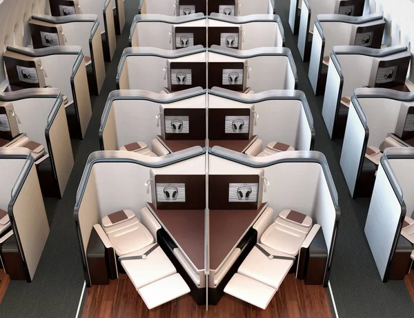 Front view of luxury business class suites interior. Reclining seat in fully flat mode. 3D rendering image.