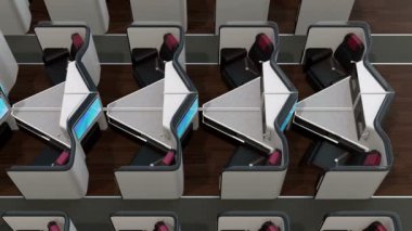 Lüks iş sınıf oda iç. Laptop ve tepsi tablo tamamen düz yatak içine katlanmış ve uzanmış koltuk transfer edildi. 3D render animasyon.