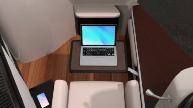 Lüks iş sınıf oda iç. Laptop ve tepsi tablo tamamen düz yatak içine katlanmış ve uzanmış koltuk transfer edildi. 3D render animasyon.
