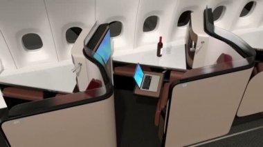 Lüks iş sınıf oda iç. Tamamen düz yatağa uzanmış koltuk transferi. 3D render animasyon.