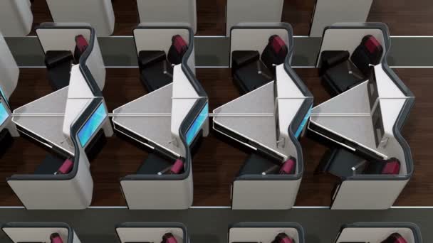 豪华商务舱内部套房 笔记本电脑和托盘桌折叠和倾斜座椅转移到全平床 渲染动画 — 图库视频影像