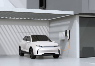 Beyaz elektrik Suv garajda şarj powered. 3D render resim.