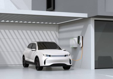 White electric powered SUV recharging in garage. 3D rendering image. clipart