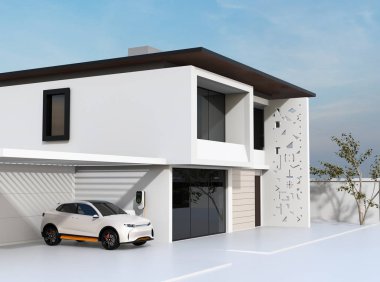 Elektrik Suv garajda şarj beyaz. 3D render resim.