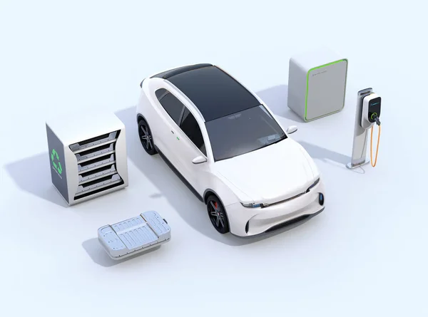 電気自動車 充電ステーション 用電池 電池電源の再利用は ホワイト バック グラウンドでシステムを供給します のレンダリング画像 — ストック写真