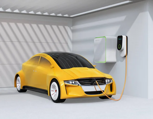 黄色い電気自動車のガレージで充電します のレンダリング画像 — ストック写真