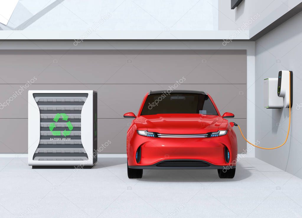 Front view of Electric vehicle recharging in garage. Charging station powered by reused EV batteries. 3D rendering image.