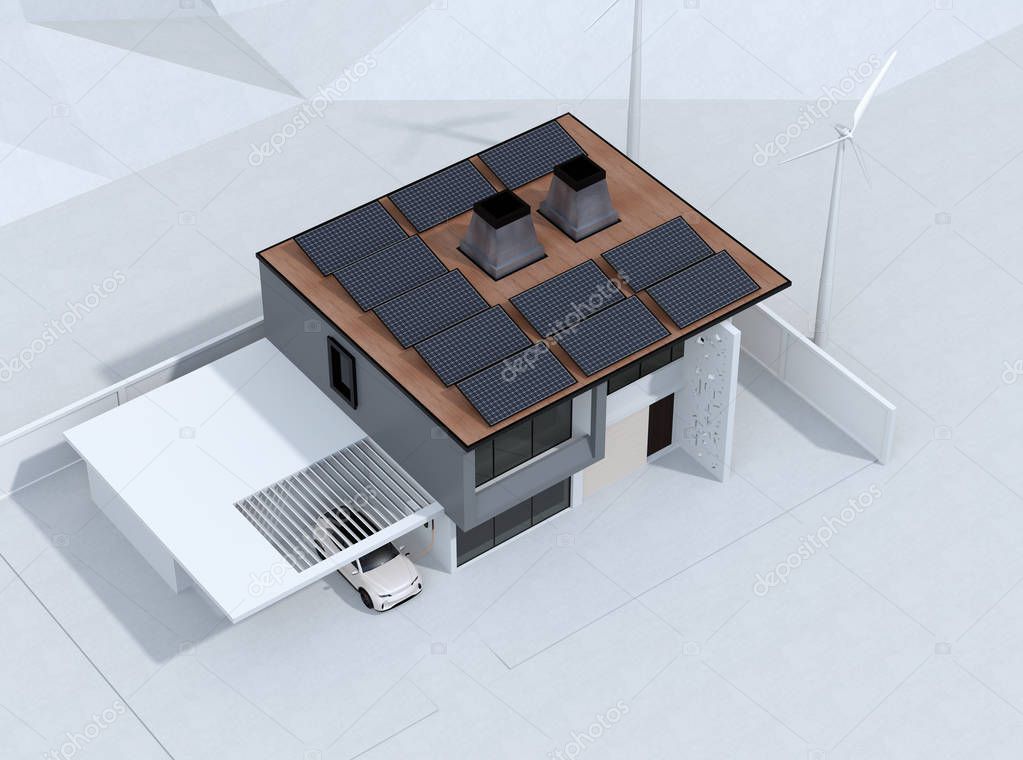 Electric vehicle recharging in garage. The smart home powered by solar panels and wind turbine. 3D rendering image.