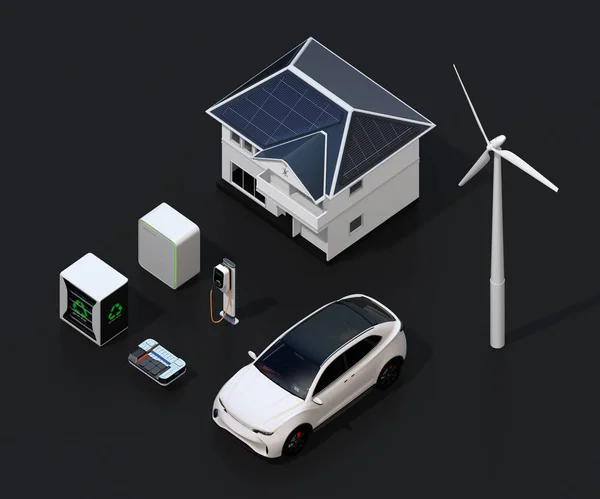 Renewable energy network connected by smart home equipped with solar panels, wind turbine, electric vehicle, EV battery, reused EV batteries system. 3D rendering image.