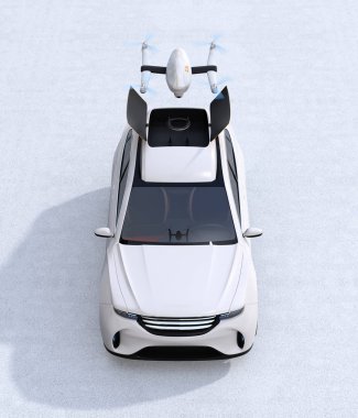 Beyaz elektrik SUV önden görünüm için eğlence eğlence drone yayımladı. 3D render resim.