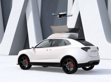 Arkadan Görünüş beyaz elektrik SUV için eğlence eğlence drone yayımladı. 3D render resim.