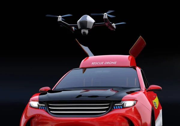 Close-up view of quadcopter drone take off from electric rescue SUV. 3D rendering image.