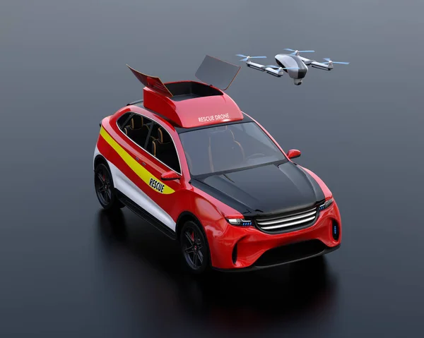 Quadcopter drone take off from electric rescue SUV on black background. 3D rendering image.