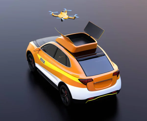Rear view of quadcopter drone take off from orange electric rescue SUV on black background. 3D rendering image.