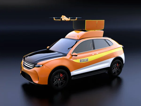 Quadcopter drone take off from orange electric rescue SUV on black background. 3D rendering image.