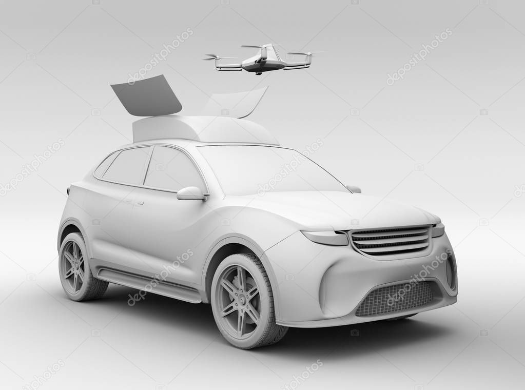Clay rendering of quadcopter drone take off from orange electric rescue SUV. 3D rendering image.
