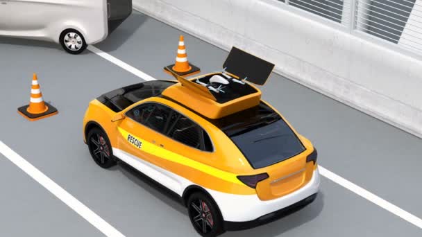 Elektriska Rescue Suv Släppt Drone Till Inspelning Bilolyckan Motorvägen Rendering — Stockvideo