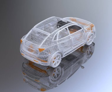 Gümüş ve sarı tel çerçeve elektrik SUV arka görünümü parlak zemin üzerinde. 3D render resim.