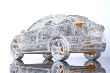 Gümüş ve sarı tel çerçeve elektrik SUV arka görünümü parlak zemin üzerinde. 3D render resim.