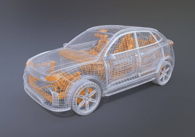 Gümüş ve sarı tel çerçeve degrade arka plan üzerinde elektrik SUV. 3D render resim.
