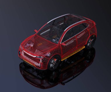 Metalik tel çerçeve siyah arka plan üzerine elektrik SUV. 3D işleme görüntü. Özgün tasarım.