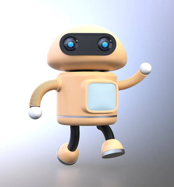 Cute robot dancing with his hand raised up. 3D rendering image.