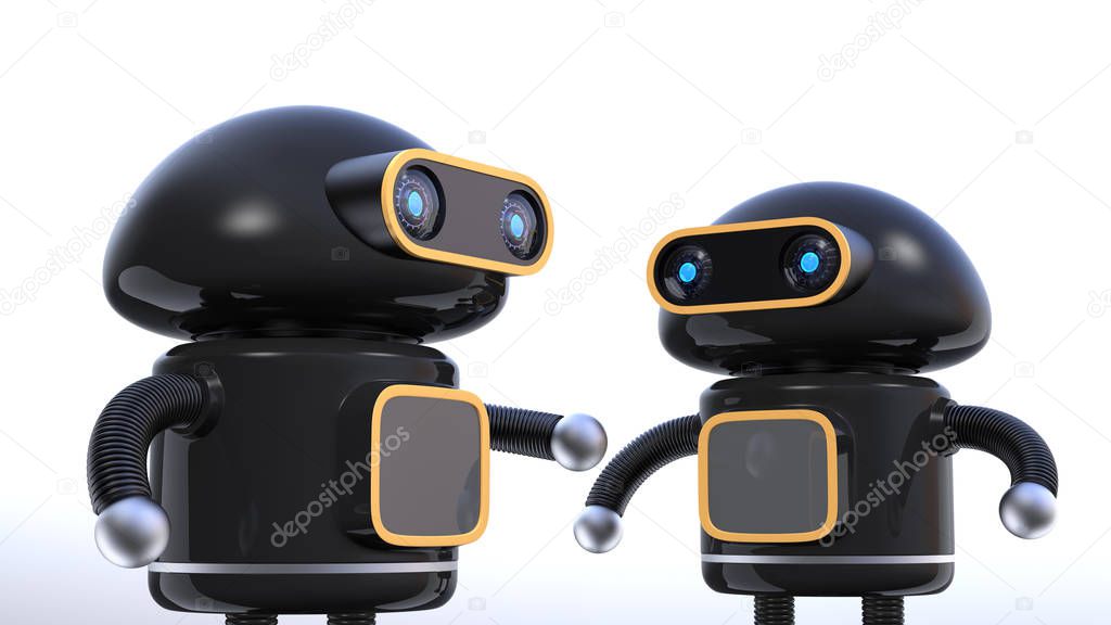 Two black robots have chat on white background. 3D rendering image.