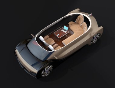 Kesit elektrikli araba kendi kendine siyah arka plan üzerine izole. Salon başkanı ve arka koltuk karşı karşıya. Birinci sınıf tarzı. 3D render resim.