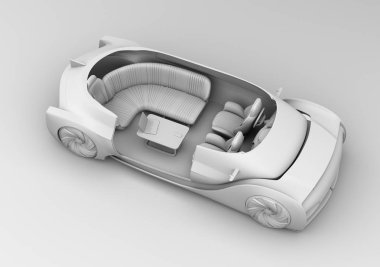 Kesit kil kendini elektrikli otomobil iç sürüş oluşturma. Salon başkanı ve arka koltuk karşı karşıya. 3D render resim.