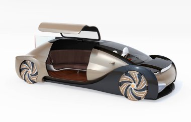 Kendi kendine sürüş elektrikli araba sağ kapı ile izole üzerinde beyaz arka plan açıldı. 3D render resim.