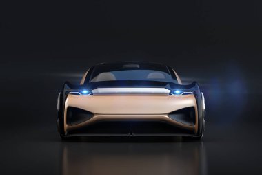 Önden Görünüm kendini siyah arka plan üzerine elektrikli araba. 3D render resim.