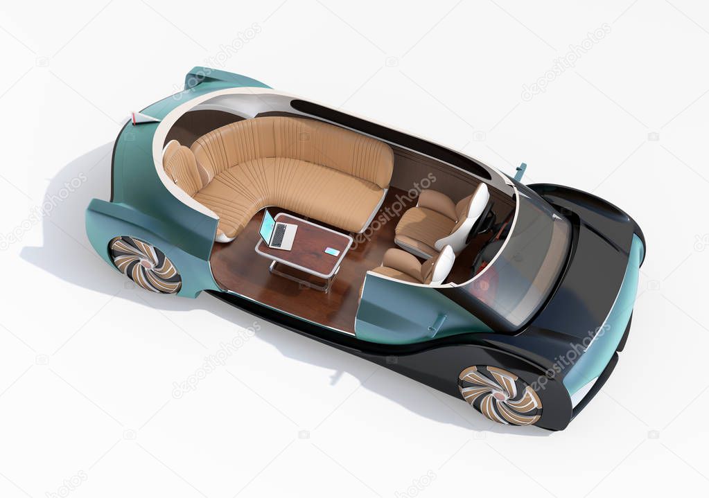 Cutaway self driving electric car isolated on white background. Lounge chair and rear facing seats. First class style. 3D rendering image.