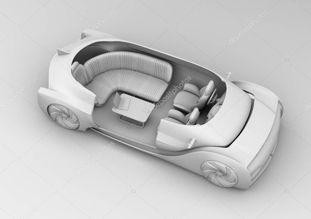 Cutaway clay rendering self driving electric car interior. Lounge chair and rear facing seats. 3D rendering image.
