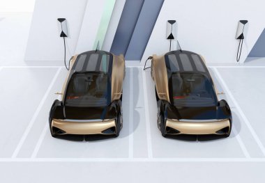 Şarj istasyonu şarj iki özerk elektrikli arabalar. 3D render resim.