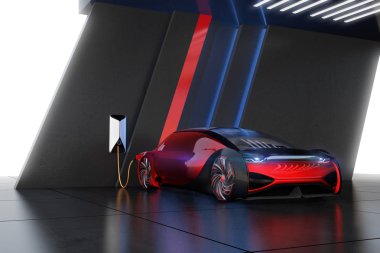 Metalik kırmızı elektrikli araç şarj istasyonu şarj. Özgün tasarım. 3D render resim.