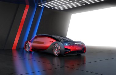 Metalik kırmızı elektrikli otomobil duvardaki serin aydınlatma ile park yerinde. 3D render resim.