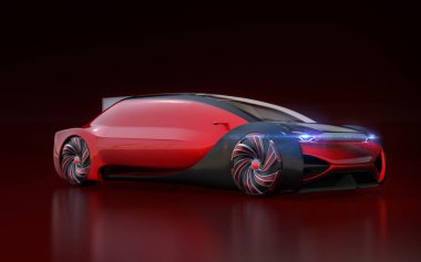Kırmızı kendini koyu kırmızı zemin üzerine elektrikli araba. 3D render resim.