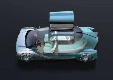 Yan görüntüleyin, şeffaf siyah arka plan üzerine elektrikli araba kendi kendine. Özgün tasarım. 3D render resim.