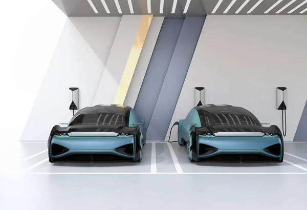 Dva Kovové Modré Autonomní Elektromobily Dobíjení Nabíjecí Stanici Vykreslování Obrazu — Stock fotografie
