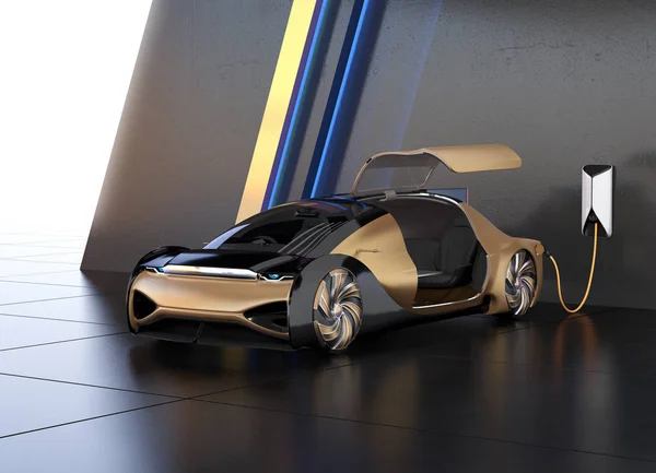 Металевий Золотий Електричний Автомобіль Заряджається Зарядній Станції Оригінальний Дизайн Візуалізація — стокове фото