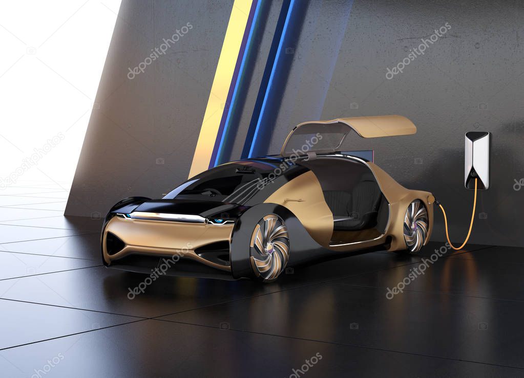 Metallic gold electric car charging in charging station. Original design. 3D rendering image.