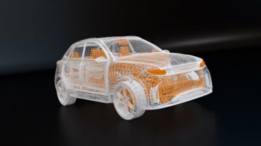 Elektrik SUV siyah arka plan üzerine beyaz tel çerçeve. 3D render animasyon.