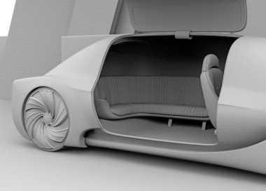 Kendinden sürüş elektrikli araba dış kil render. Sağ kapı açıldı. 3D görüntü oluşturma.