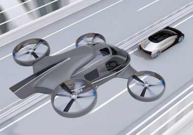 Self-sürüş yolcu drone taksi otoyol sürüş otonom bir elektrikli araba üzerinde uçan. Maas konsepti. 3D görüntü oluşturma.