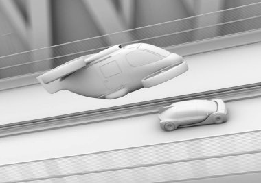 Self-sürüş yolcu drone taksi kil render otoyol üzerinde bir otonom elektrikli araba sürüş üzerinde uçan. 3D görüntü oluşturma.