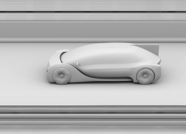 Otoyolda otonom elektrikli araba sürüş Clay render. 3D görüntü oluşturma.